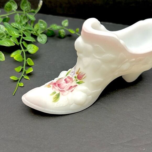 Fenton White Satin Milk Glass Hand Painted Slipper Shoe Roses Signed by Artist - Picture 2 of 12